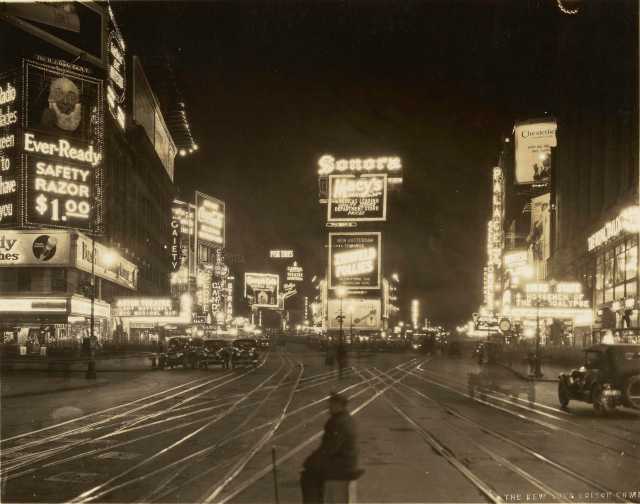 A Night View of Broadway looking North from 45th Street; New York Edison Co. Photographic Bureau (American, active 1901 – 1936); New York, New York, United States; 1923; Gelatin silver print; 17.8 × 22.8 cm (7 × 9 in.); 84.XM.239.68